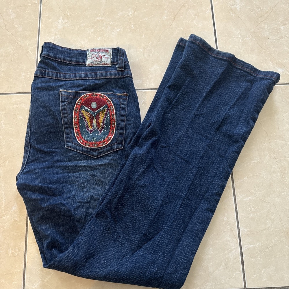 VTG True Religion Buddha Billy Jeans 36x33 Embroidered Bootcut Butterfly Nature